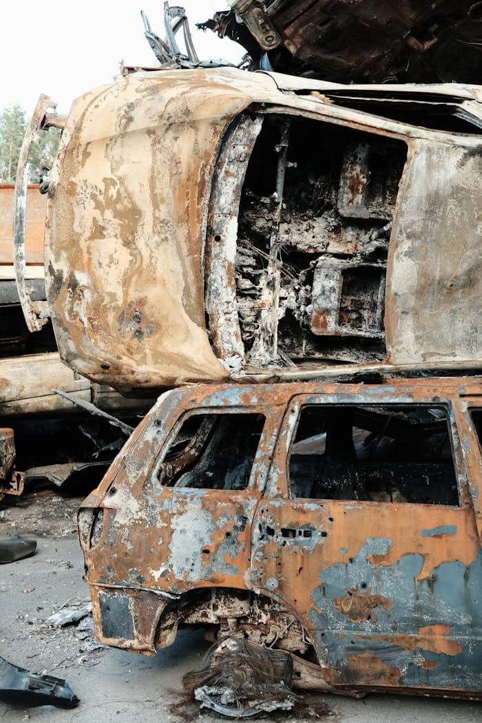 A stack of heavily rusted and abandoned cars in a scrapyard, showcasing decay.